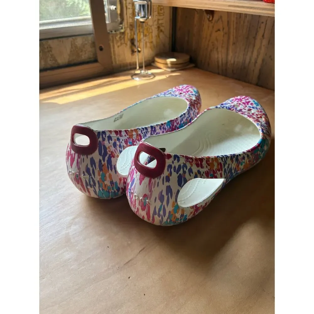 Crocs Kadee Flats Women's 10 Pink Floral Leopard Print Slip-On Casual Shoes